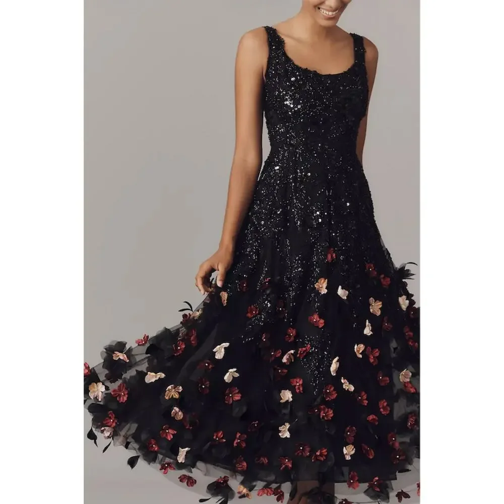 NEW Mag Duggal Sequin Floral Appliqué 3D FlowersBlack Midi Dress Size 10 - Picture 13 of 15